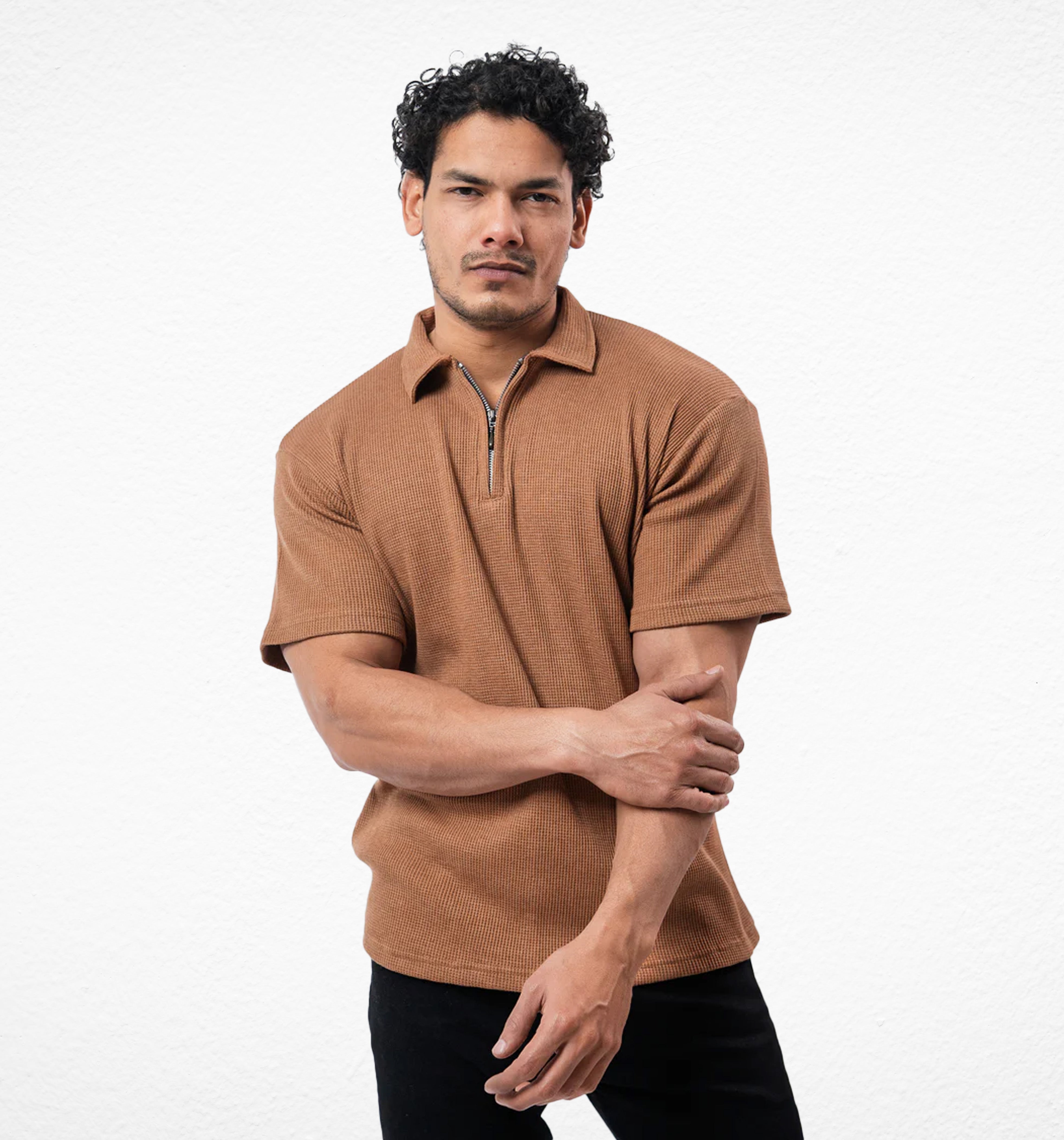 Dusty  Brown Zipper Polo
